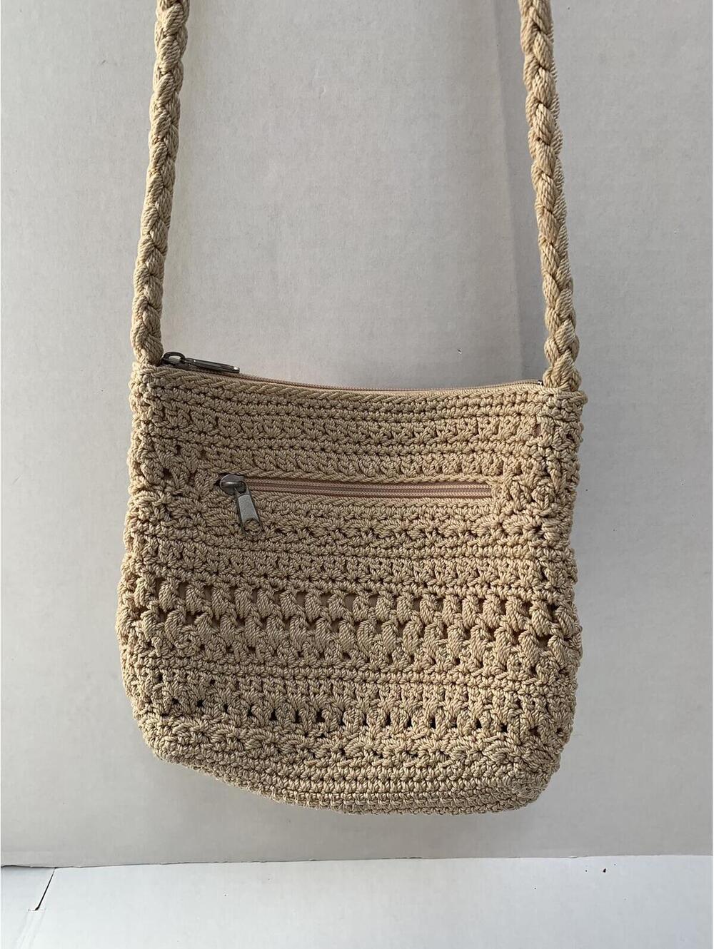 Vintage Tan Beige Crochet Crossbody Bag by Lina Small